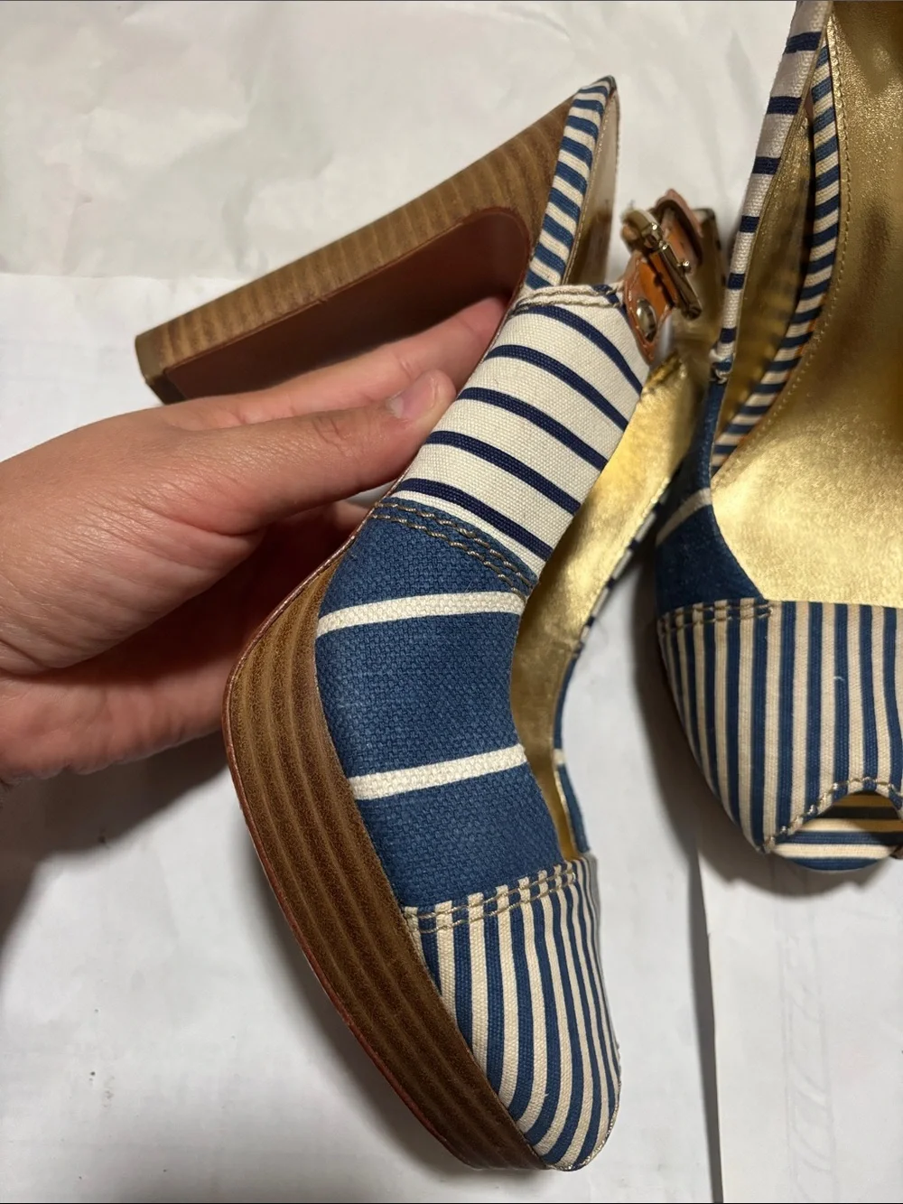 Coach Navy & White Striped Peep-Toe Slingback Heels with Gold Insole